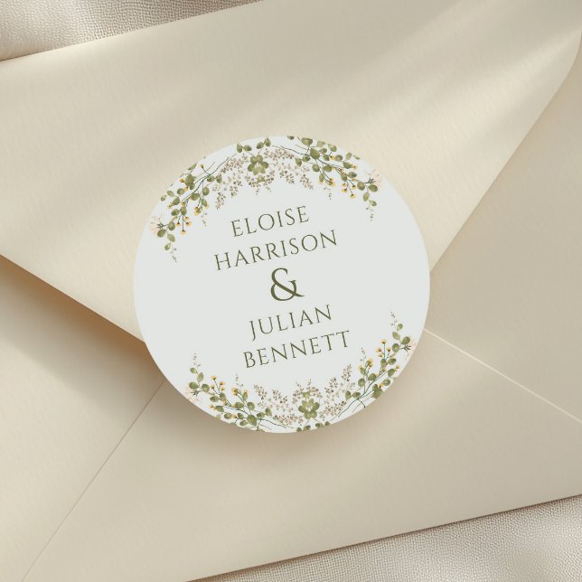 Adesivo Redondo Casamento Verde Elegante de Flores Selvagens (Criador carregado)