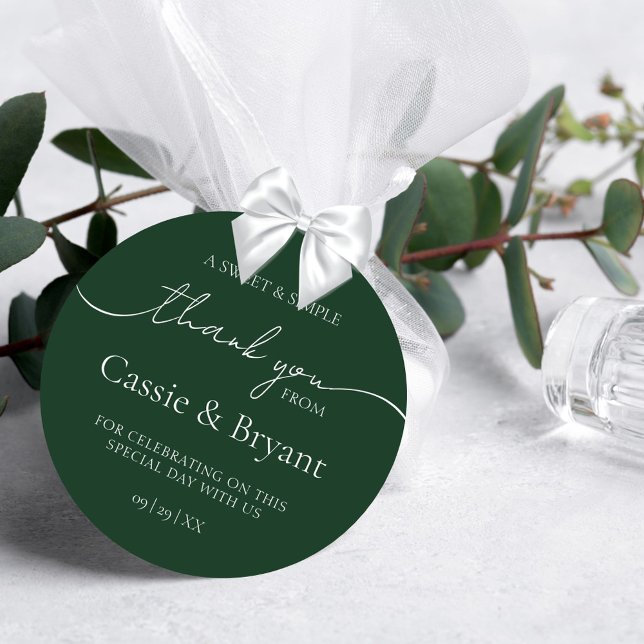 Adesivo Redondo Casamento Verde Elegante Moderno Emerald Obrigado (Elegant Calligraphy Script Modern Emerald Green Wedding Thank You Stickers)