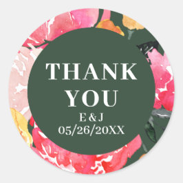 Adesivo Redondo Casamento verde-floreado de Peony Rosa