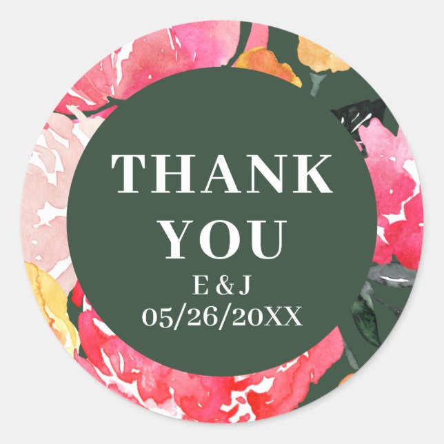 Adesivo Redondo Casamento verde-floreado de Peony Rosa (Frente)