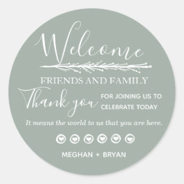 Adesivo Redondo Casamento Verde Pálido Obrigado Amigos e Família