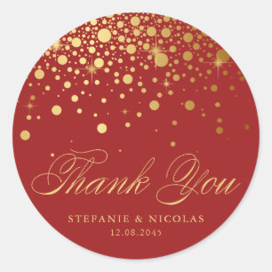 Adesivo Redondo Casamento Vermelho De Gold Foil Confetti Obrigado