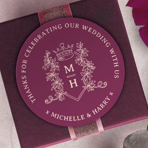 Adesivo Redondo Casamento vermelho profundo com folhas desenhadas