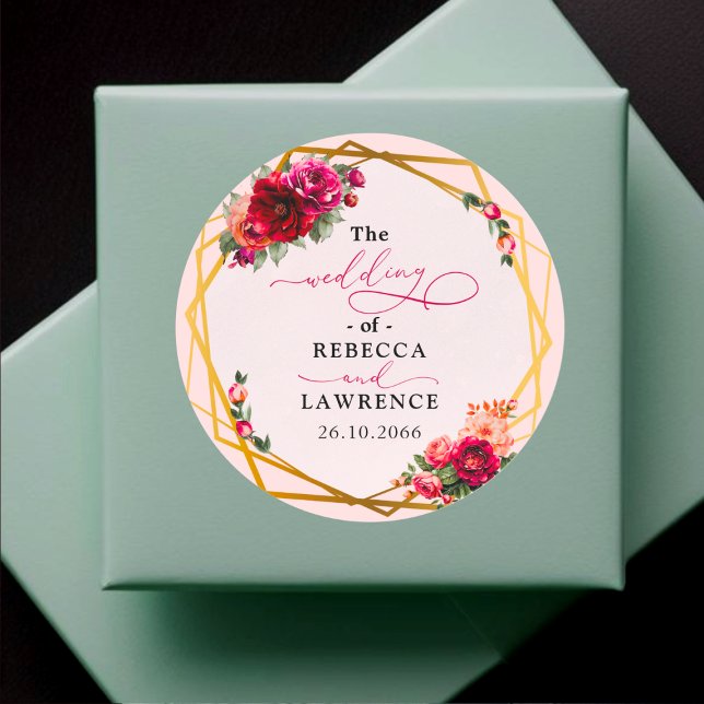 Adesivo Redondo Casamento vermelho-quic, floral e dourado falso (Criador carregado)