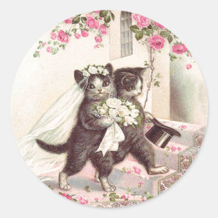 Adesivo Redondo Casamento vintage Cats Bride e Groom