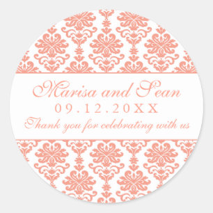 Adesivo Redondo Casamento Vintage Coral e Damask Branco