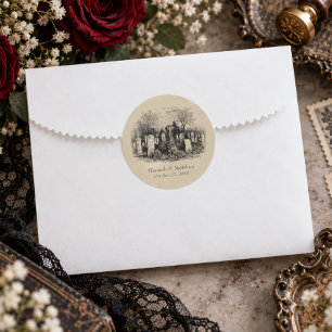 Adesivo Redondo Casamento Vintage Gótico Preto Toile Bege Túmulos