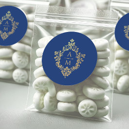 Adesivo Redondo Casamento Vintage Monograma Dourado Azul Real