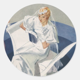 Adesivo Redondo Casamento Vintage, Noiva Art Déco Moderna de Meado