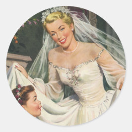 Adesivo Redondo Casamento vintage, Noiva retrô com Flor