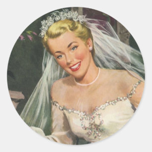 Adesivo Redondo Casamento Vintage, Noiva Retro com Menina das Flor