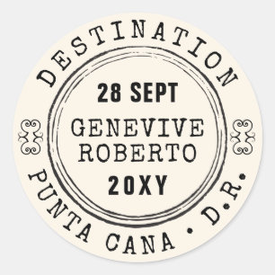 Adesivo Redondo casamento vintage Passaporte Carimbo EDITABLE