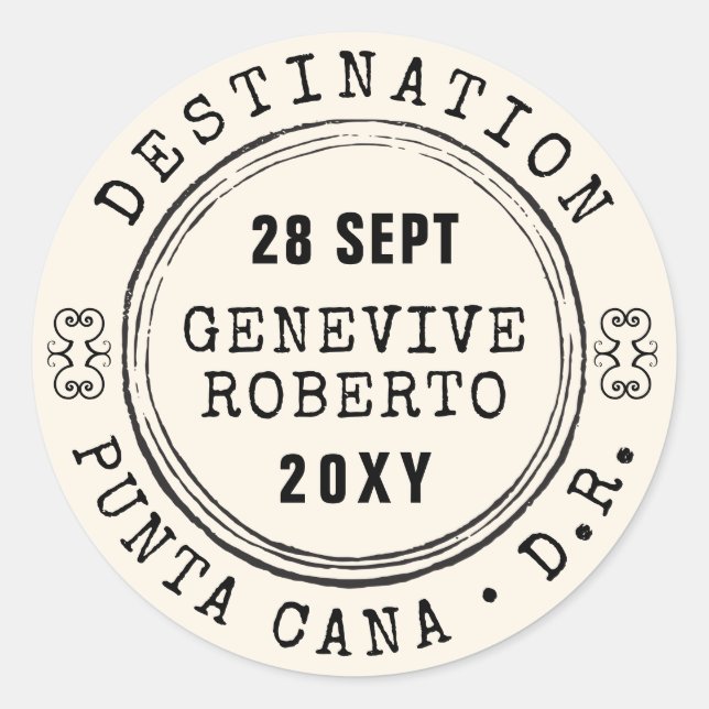 Adesivo Redondo Casamento vintage Passaporte Carimbo EDITABLE (Frente)