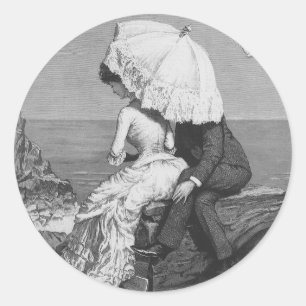 Adesivo Redondo Casamento vintage, recém-casados pela praia