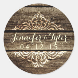 Adesivo Redondo Casamento vintage Rustic Barn Wood Damask Sticker