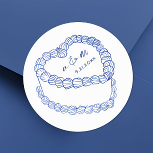 Adesivo Redondo Casamento Whimsical Azul De Bolo De Vintagem Desen