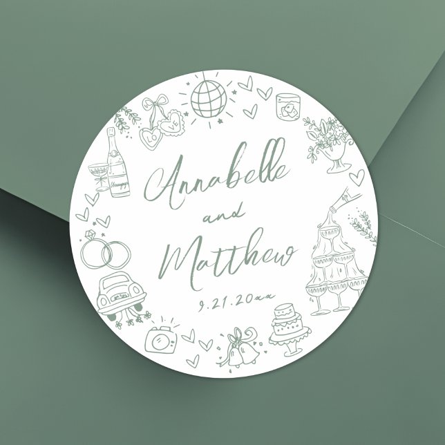 Adesivo Redondo Casamento Whimsical Verde Desenhado à Mão (Hand Drawn Green Whimsical Wedding Classic Round Sticker)