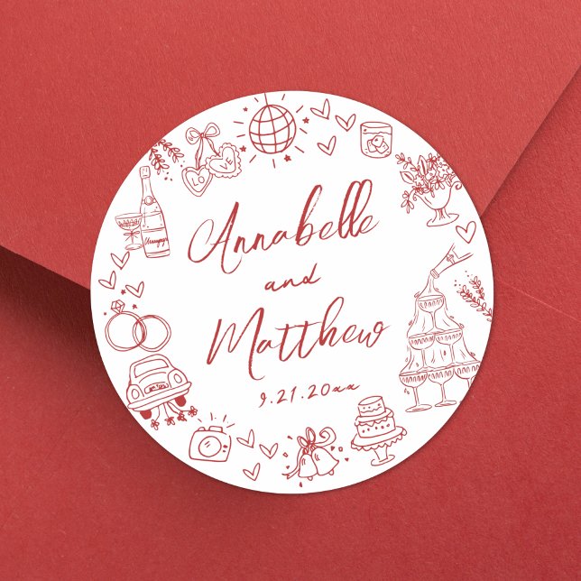 Adesivo Redondo Casamento Whimsical Vermelho Desenhado Pela Mão Qu (Quirky Hand Drawn Red Whimsical Wedding Classic Round Sticker )