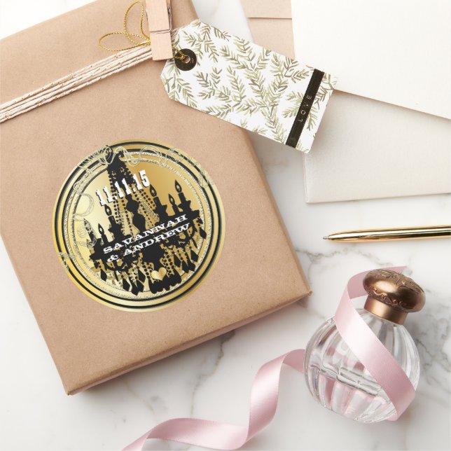 Adesivo Redondo Casamentos de Chandelier de Dourada e Preto Musica (Presentear)