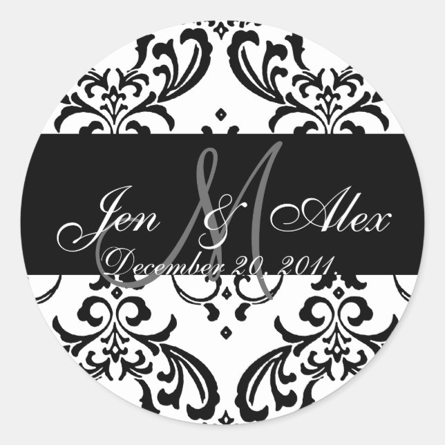 Adesivo Redondo Casamentos tema damasco Monogramas Noivos (Frente)