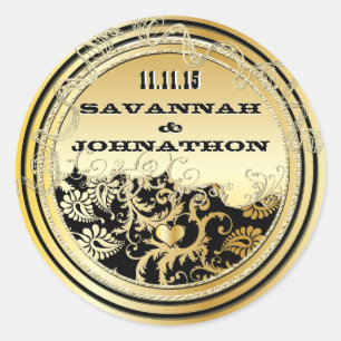 Adesivo Redondo Casamentos tema damasco Musical Black & Dourado Vi