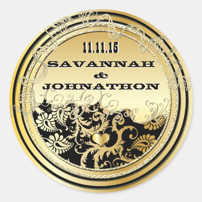 Adesivo Redondo Casamentos tema damasco Musical Black & Dourado Vi (Frente)