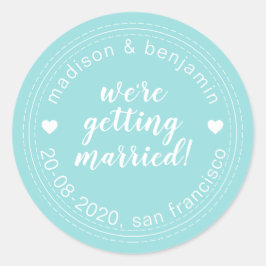 Adesivo Redondo Casando-se Salve a Data Turquesa Azul