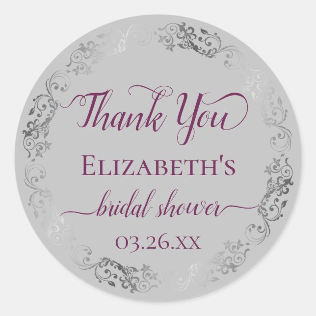 Adesivo Redondo Cassis em Cinza com Renda Prateada Agradecimento d (Frente)
