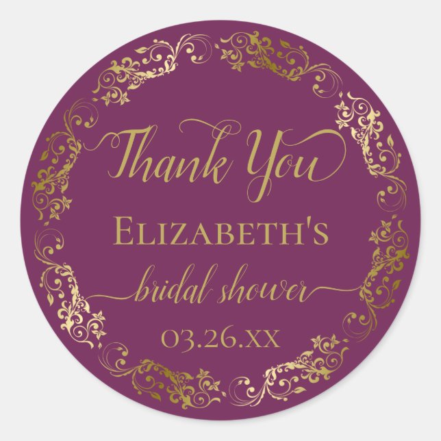 Adesivo Redondo Cassis Roxo e Dourado Lace Bridal Shower Agradecim (Frente)