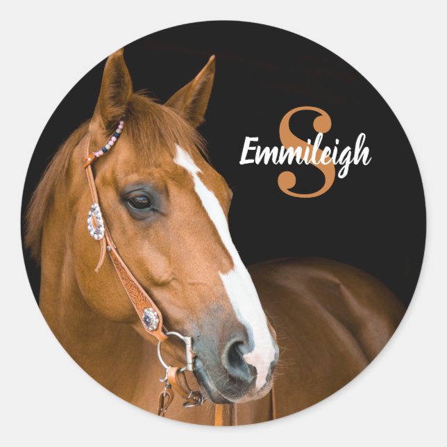 Adesivo Redondo Castanho Quarto Cavalo Negro Monograma Nome Inicia (Frente)