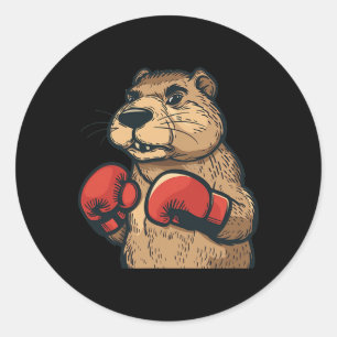 Adesivo Redondo Castor Engraçado Com Luvas Vermelhas De Boxas