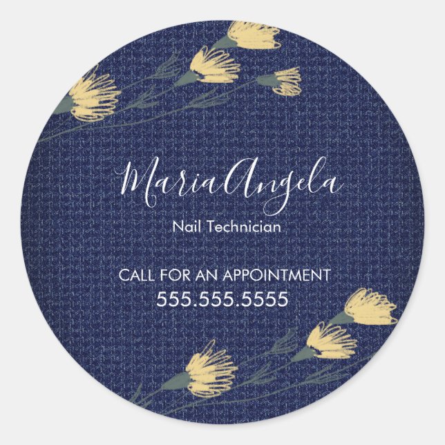 Adesivo Redondo Casual Denim e Flores Selvagens Beleza Salônica (Frente)