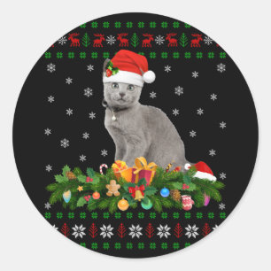 Adesivo Redondo Cat Amante de os animais Santa Hat Ugly Russo Blue