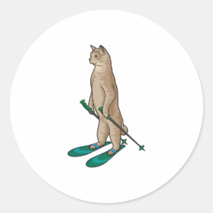 Adesivo Redondo Cat as Skier with Ski & Ski poles