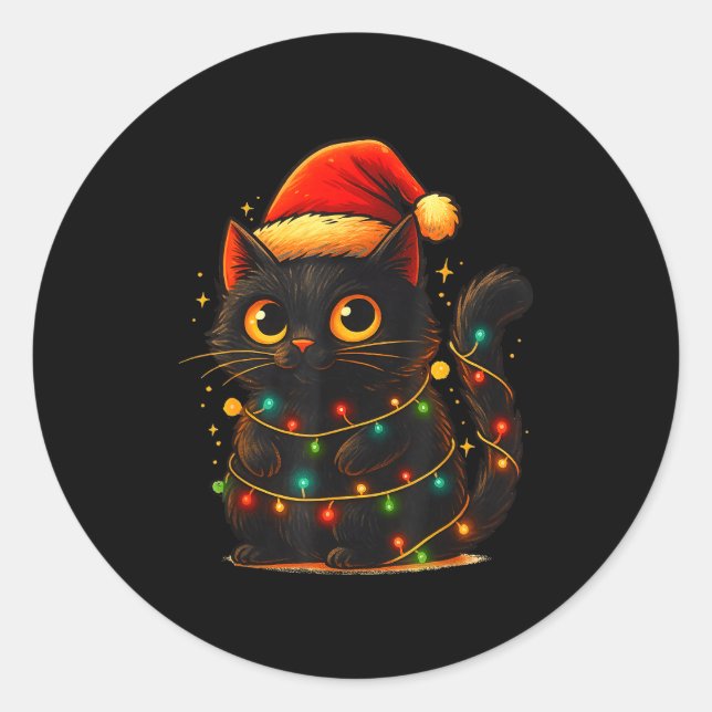 Adesivo Redondo Cat Black Christmas Tree Lights Funny Santa Kitten (Frente)
