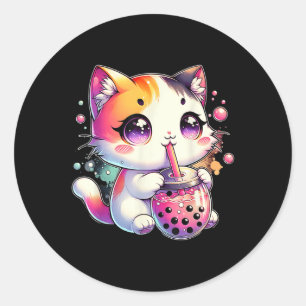 Adesivo Redondo Cat Boba Tea Anime Japonês Kawaii Neko Bubble Tea