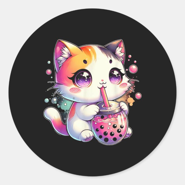 Adesivo Redondo Cat Boba Tea Anime Japonês Kawaii Neko Bubble Tea (Frente)