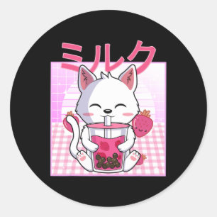 Adesivo Redondo Cat Boba Tea Bubble Tea Anime Kawaii Neko Gift Kid