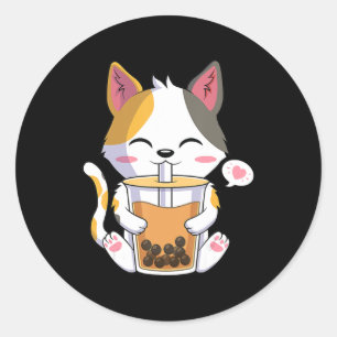 Adesivo Redondo Cat Boba Tea Bubble Tea Anime Kawaii Neko Girl Tea