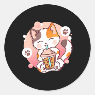 Adesivo Redondo Cat Boba Tea Bubble Tea Anime Kawaii Neko Girls Te