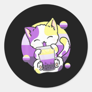 Adesivo Redondo Cat Boba Tea Bubble Tea Anime Kawaii Neko Kids Gir