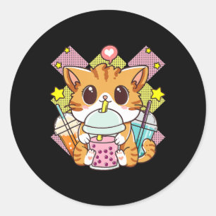Adesivo Redondo Cat Boba Tea Bubble Tea Anime Kawaii Neko para Gar