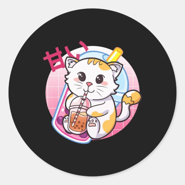Adesivo Redondo Cat Boba Tea Bubble Tea Cat Anime Kawaii Nek (Frente)