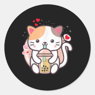 Adesivo Redondo Cat Boba Tea Bubble Tea Kawaii Anime Japonês Neko