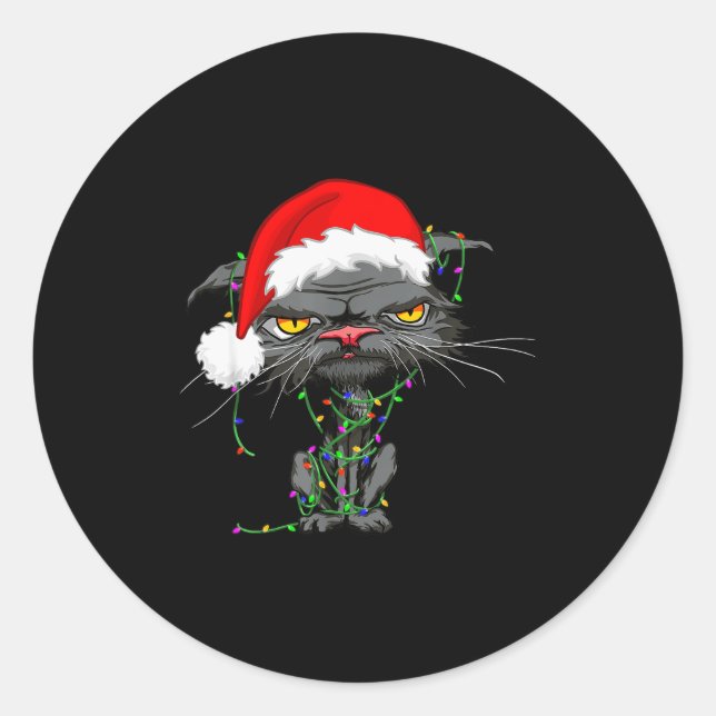 Adesivo Redondo Cat Christmas Lights Bored Cat Santa Hat Funny Cat (Frente)