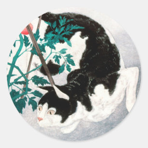 Adesivo Redondo Cat com Tomato Plant (1931) por Hiroaki Takahashi