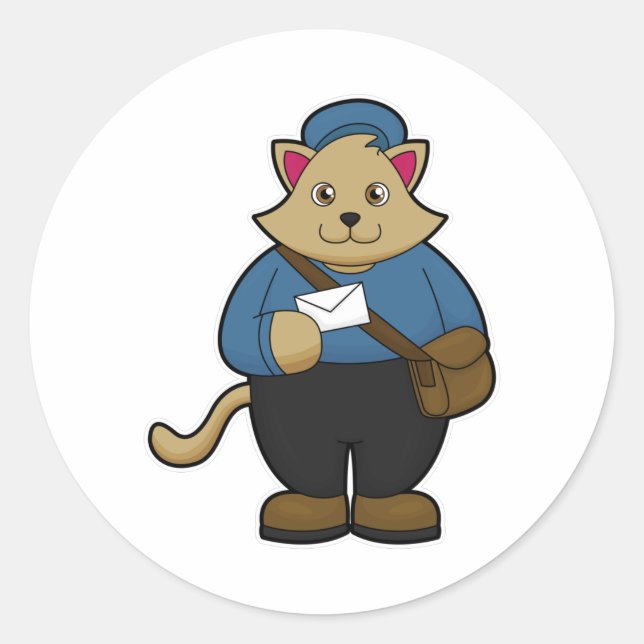 Adesivo Redondo Cat como Postman com Envelope & Bag (Frente)