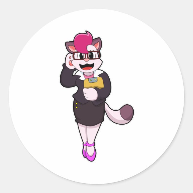 Adesivo Redondo Cat como Secretário com Notepad (Frente)