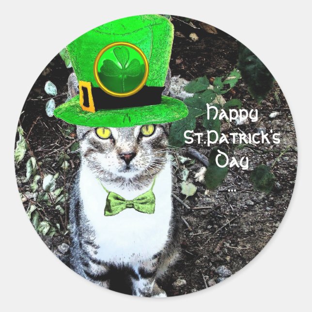 Adesivo Redondo CAT Dia de São Patrício COM LEPRECHAUN HAT (Frente)