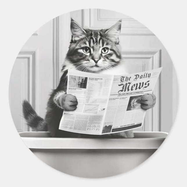 Adesivo Redondo Cat está sentado no Toilet, gato lendo uma notícia (Frente)